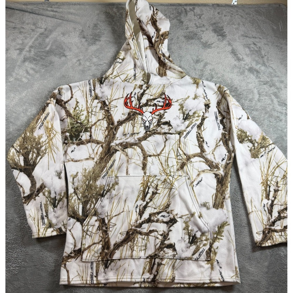 Vtg True Timber men size M white snow camo pull over fleece hoodie USA